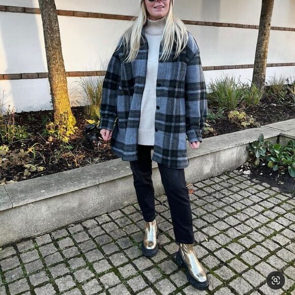 H&M Felted Shacket Shirt Jacket Blue Plaid New - Picture 8 of 12